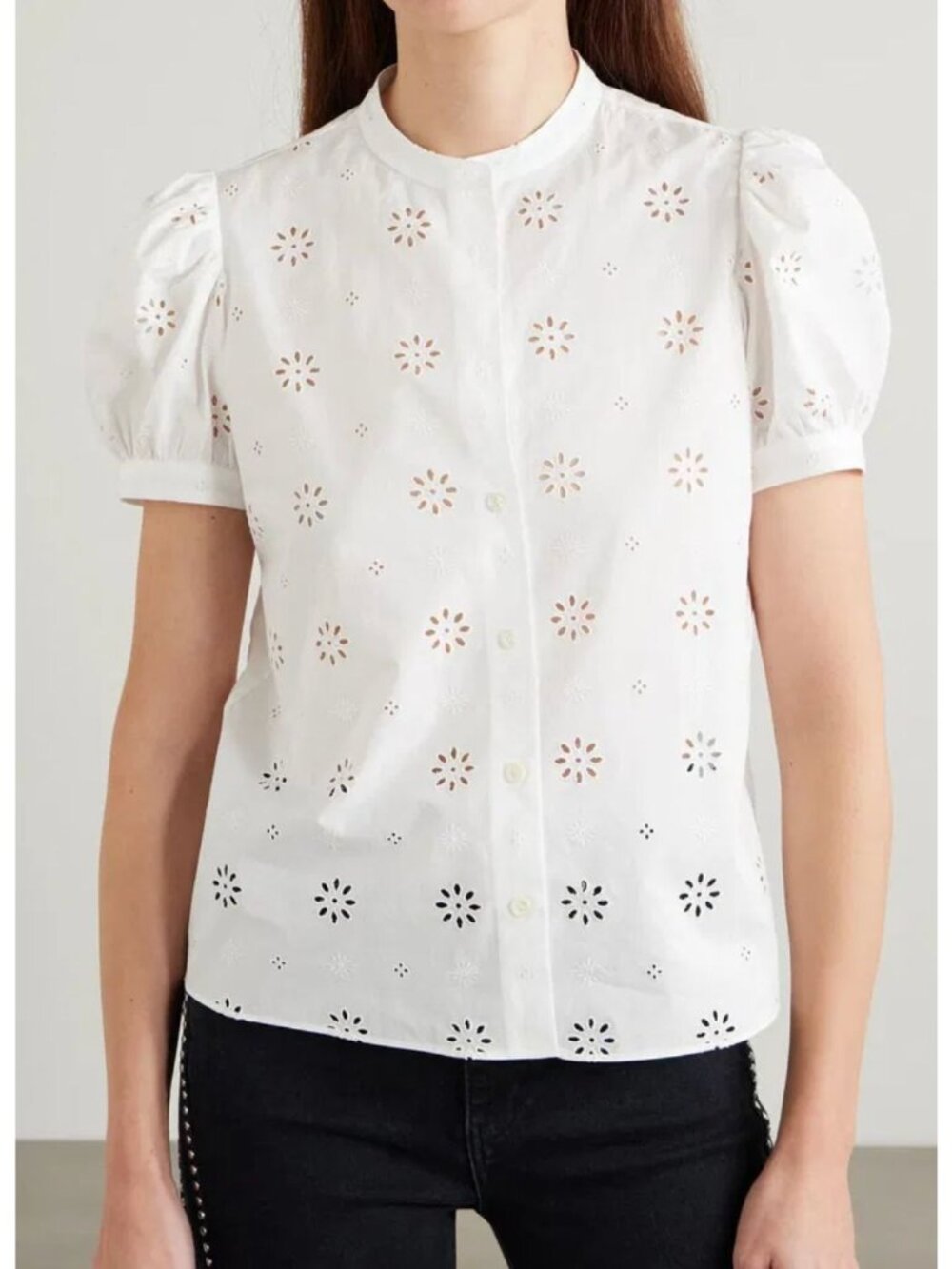 FRAME The Eyelet Broderie Anglaise Gathered Cotton Blouse Top White Small
